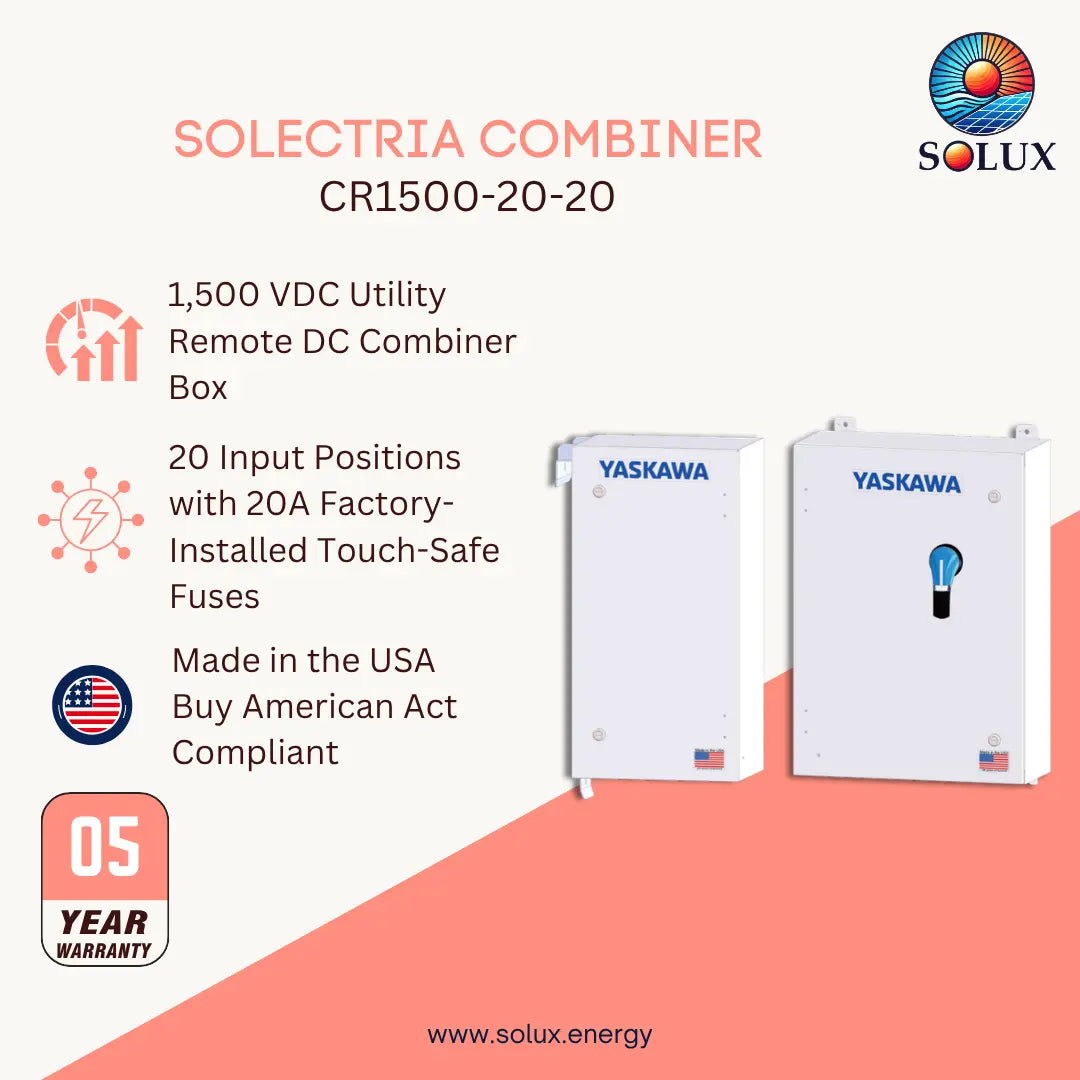 Promotional graphic for a Solux Solectria Combiner CR1500-20-20, showing two white Yaskawa utility boxes on a light beige and coral background with feature callouts and a 5-year warranty badge.